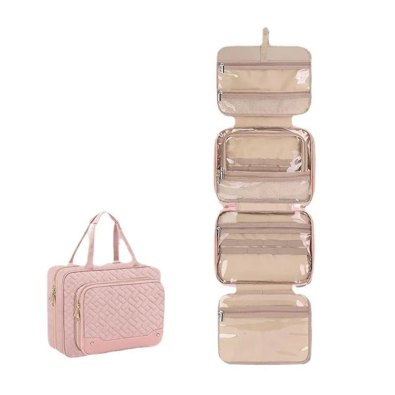 Black hanging waterproof cosmetic bag with hook showing 30.5cm width for travel storage