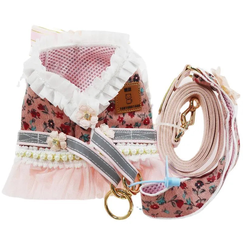 Small floral polyester pet chest harness with matching reflective leash, available in sizes XXS to 3XL