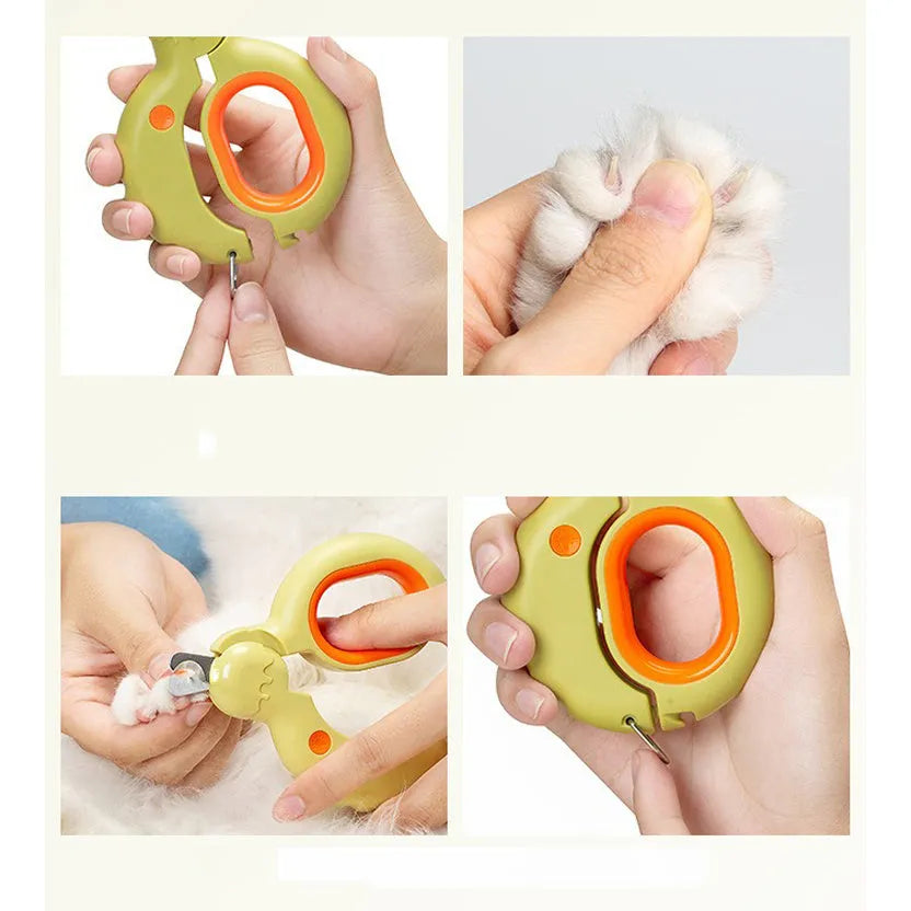 Blue pet nail clippers with LED light for illuminating blood lines during cat and dog grooming
