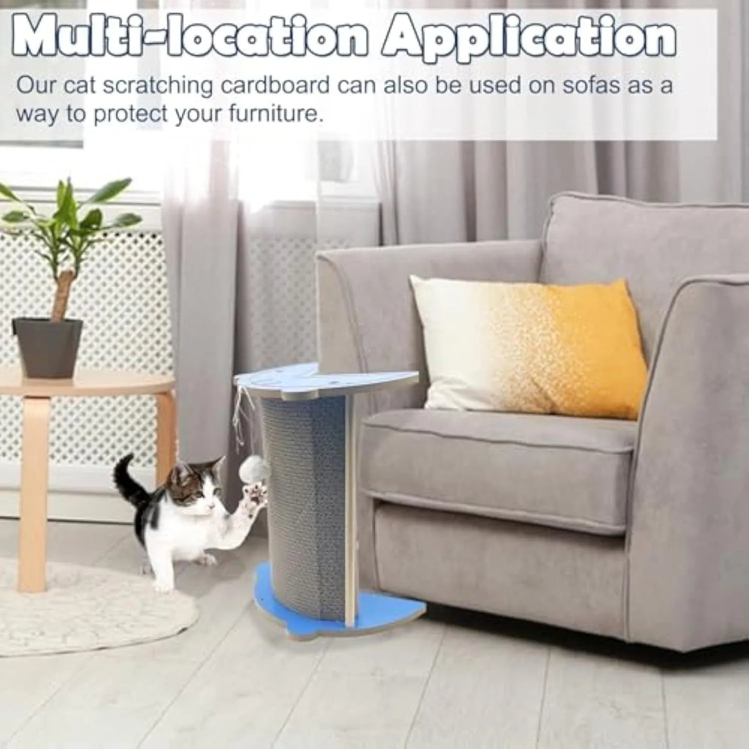 White corner cat scratcher with replaceable cardboard pad and hanging ball for furniture protection