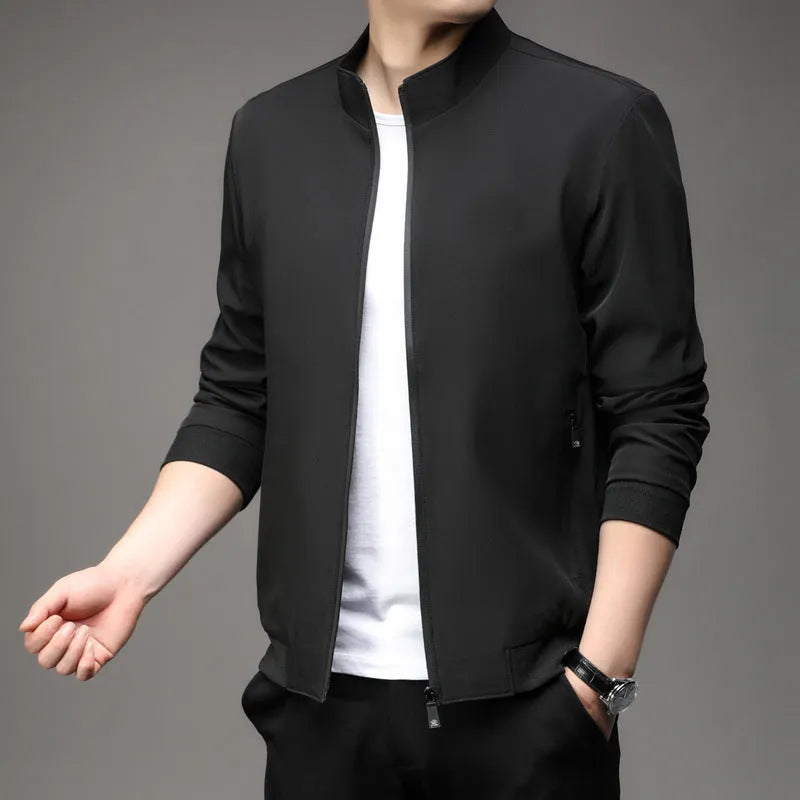 Korean-style loose lapel autumn jacket in navy blue with zipper pockets, shown on model for size reference
