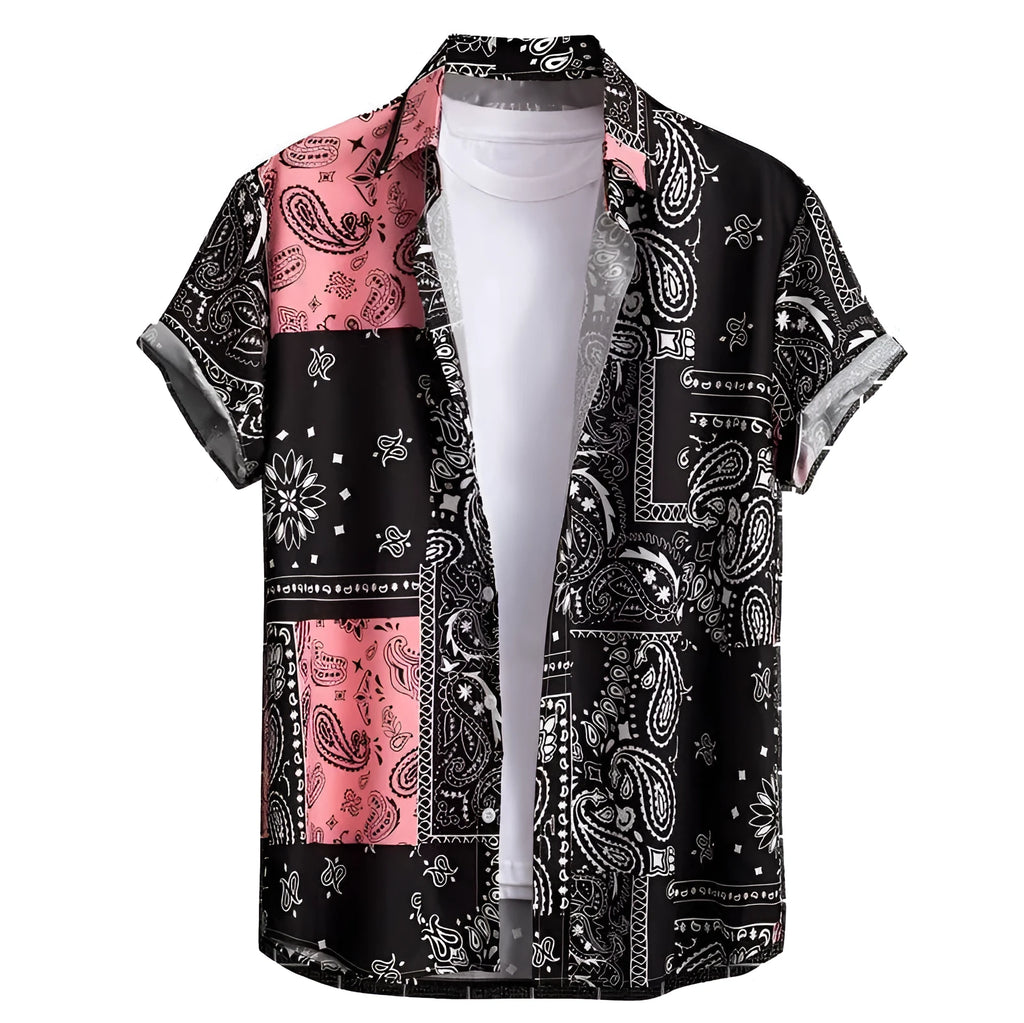 Men's slim fit Hawaiian shirt with digital print pattern in elastic polyester fabric.