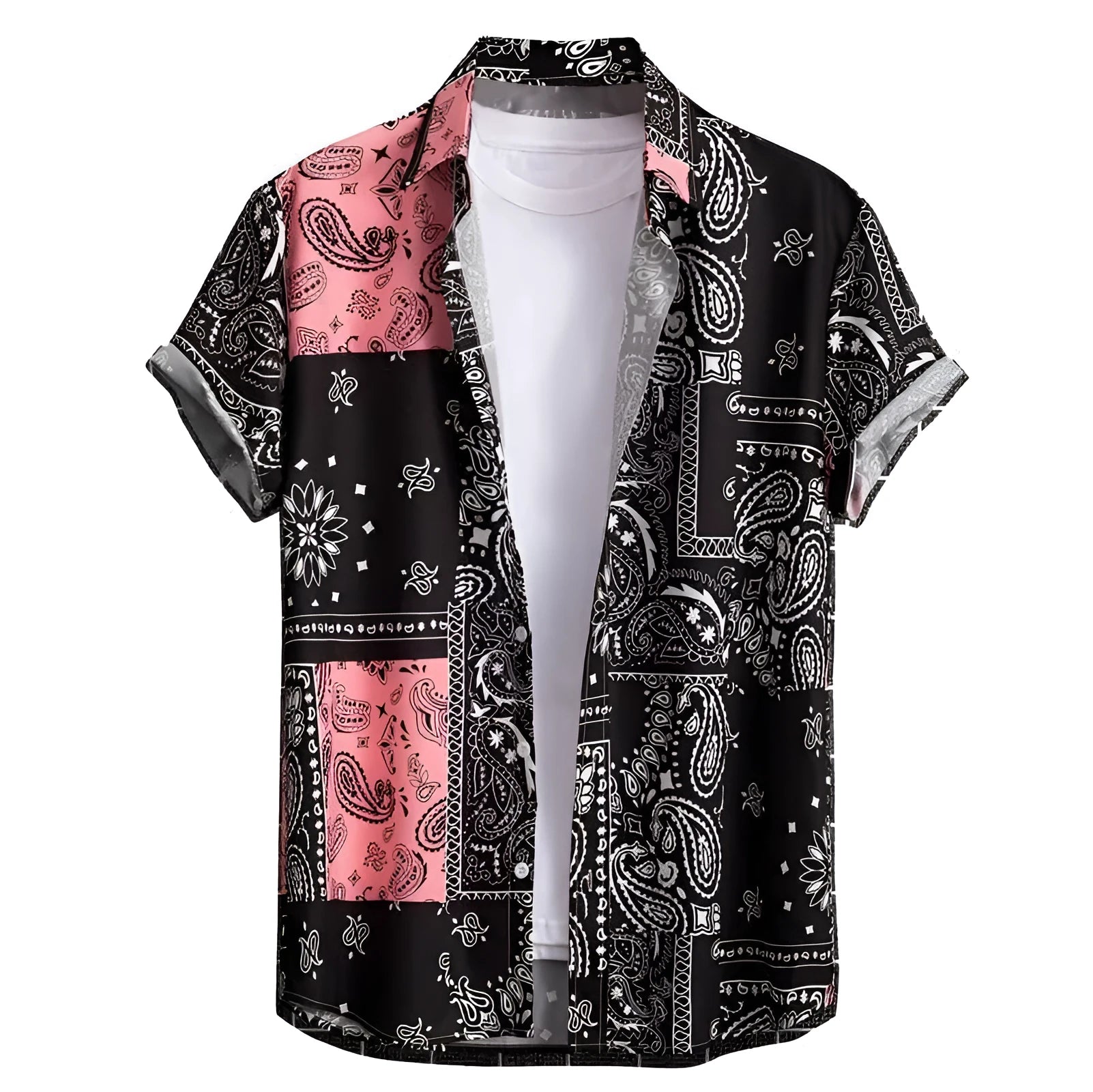 Men's slim fit Hawaiian shirt with digital print pattern in elastic polyester fabric.