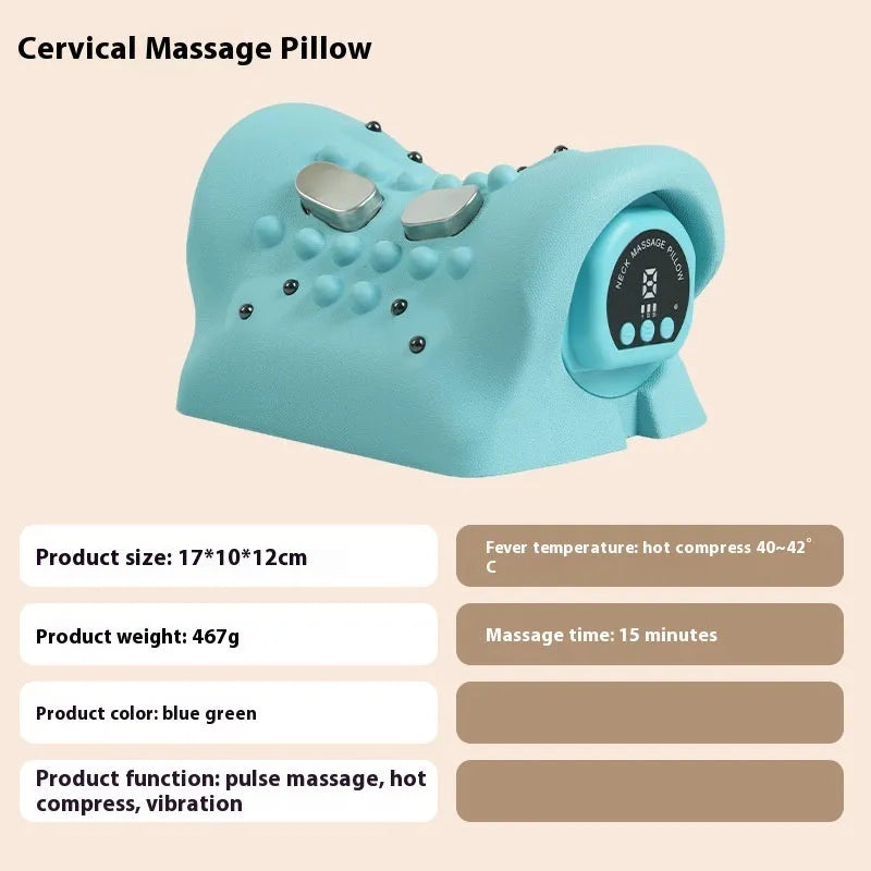Blue-green portable EMS hot compress massage pillow for cervical spine and shoulders