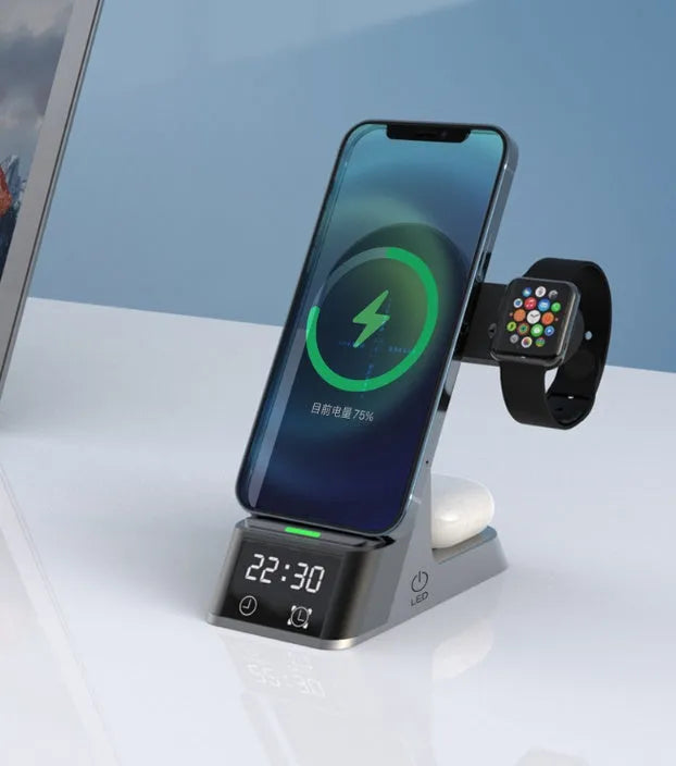 Black alarm clock wireless charger with six charging functions, dimensions 125mm by 65mm by 298mm