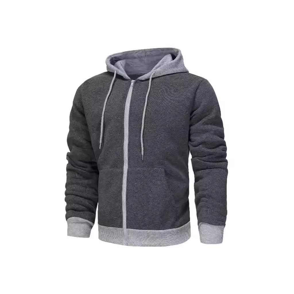 Man wearing a zip-up hoodie cardigan with a hood and patch pockets in a two-tone colour combination.