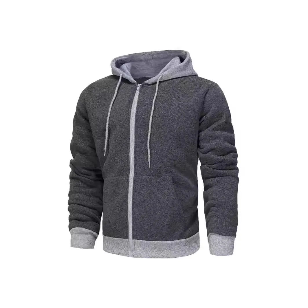 Man wearing a zip-up hoodie cardigan with a hood and patch pockets in a two-tone colour combination.
