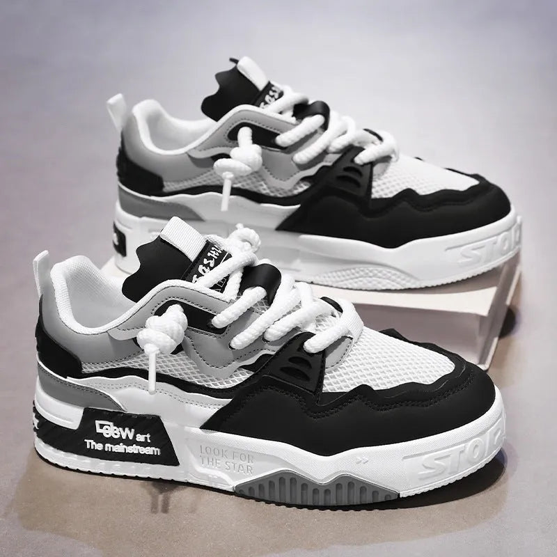 Men's low-top board shoes in white and yellow, white and black, and beige with soft rubber soles and mesh lining.