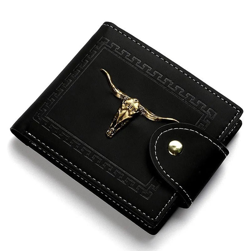 Black men's short wallet with animal pattern design, multiple card slots and zipper closure