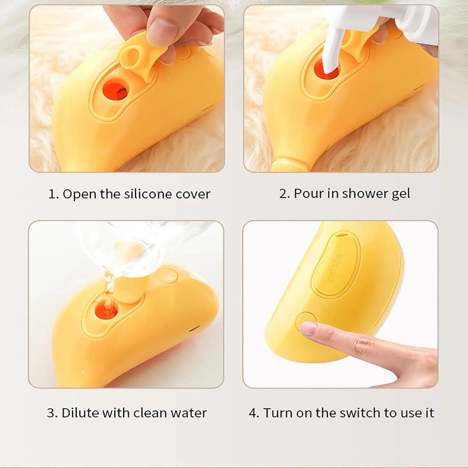 Cat Steam Brush 3-in-1 in green or yellow, showing round teeth and cat paw-shaped ends for grooming