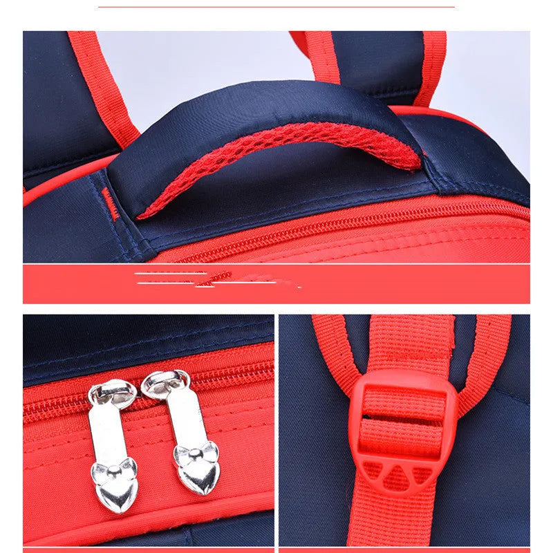 Blue cartoon school backpack with pencil case, showing front design and strap details