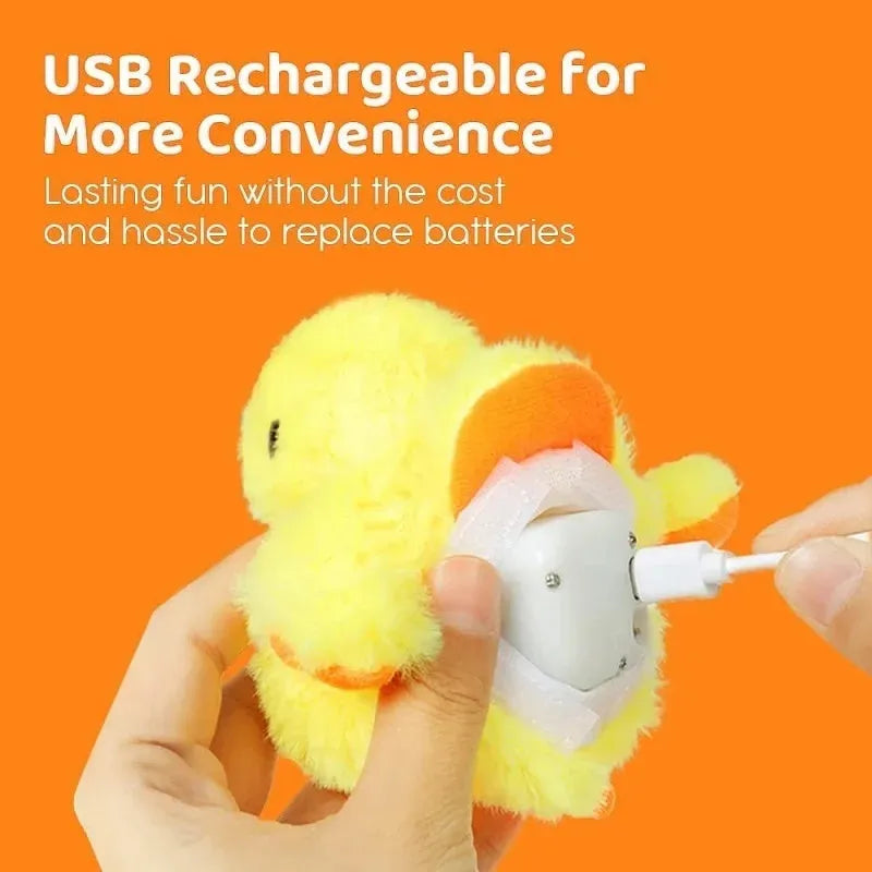 Yellow electric flapping duck cat toy with catnip and vibration sensor on plain background