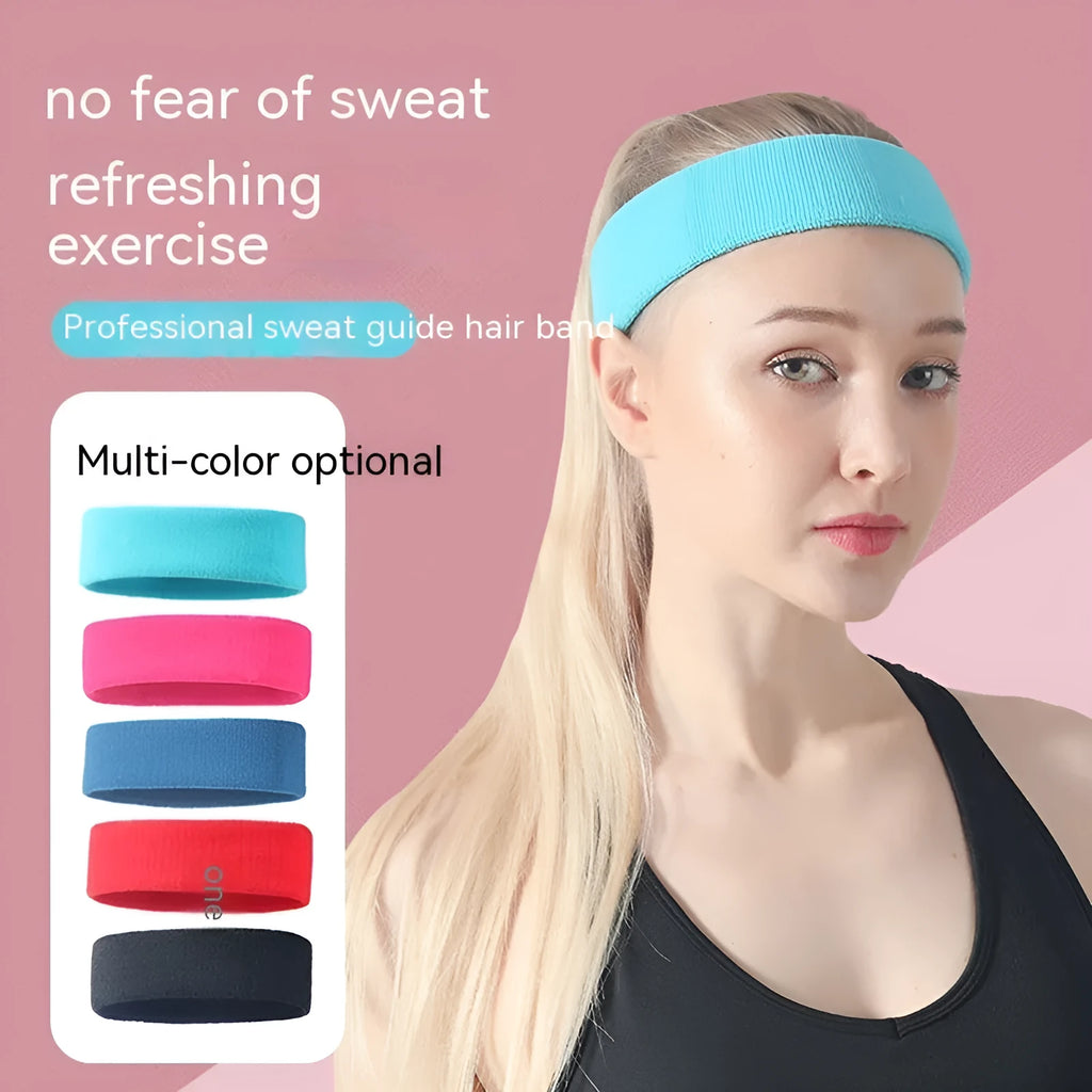 Widening elastic sports sweatband in solid colours: black, red, blue, rose red, sky blue.