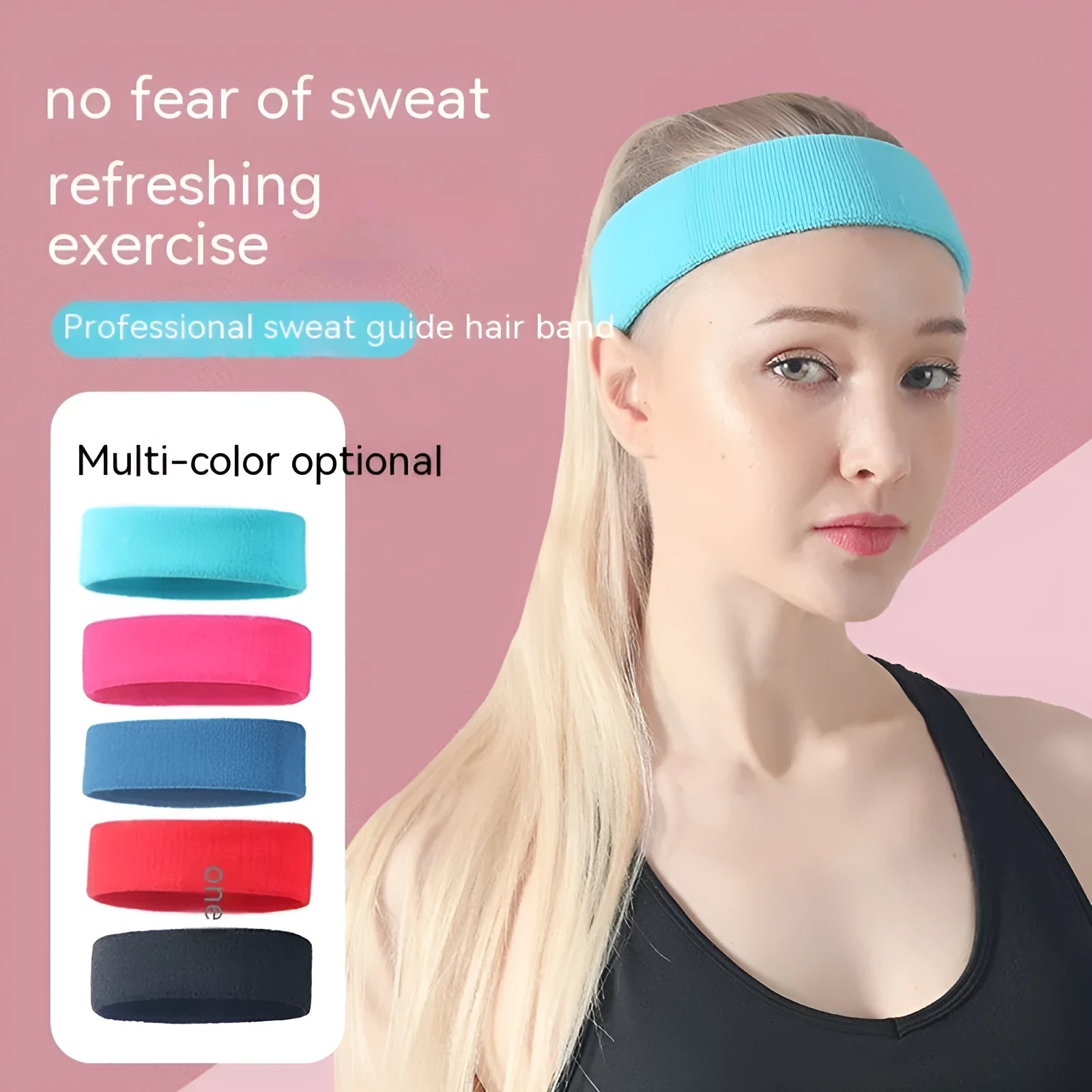 Widening elastic sports sweatband in solid colours: black, red, blue, rose red, sky blue.