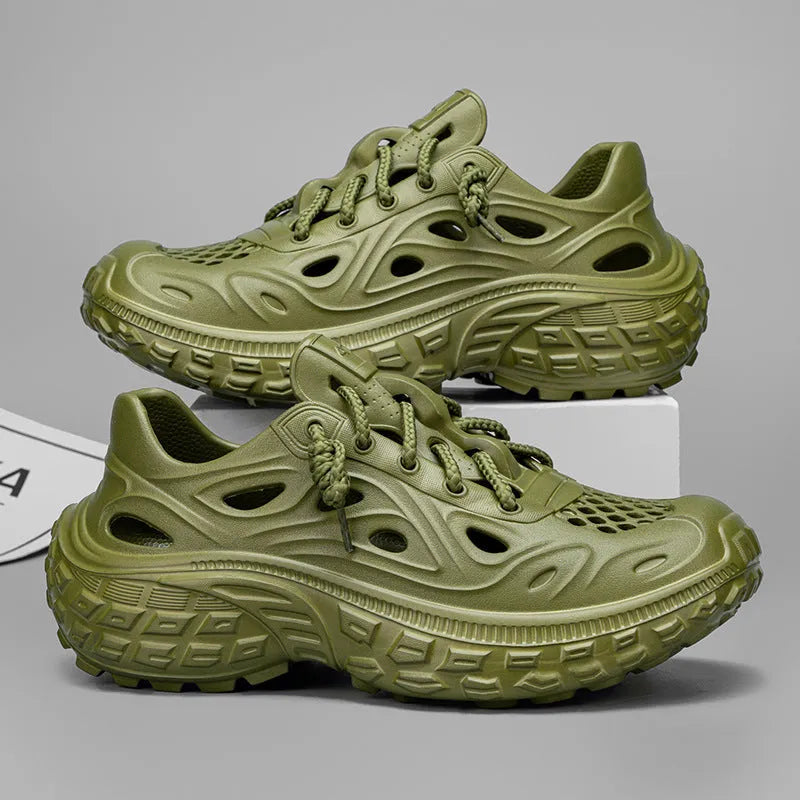 Men's thick-soled summer sandals in Army Green colour showing covered heel and hollow-out EVA design.