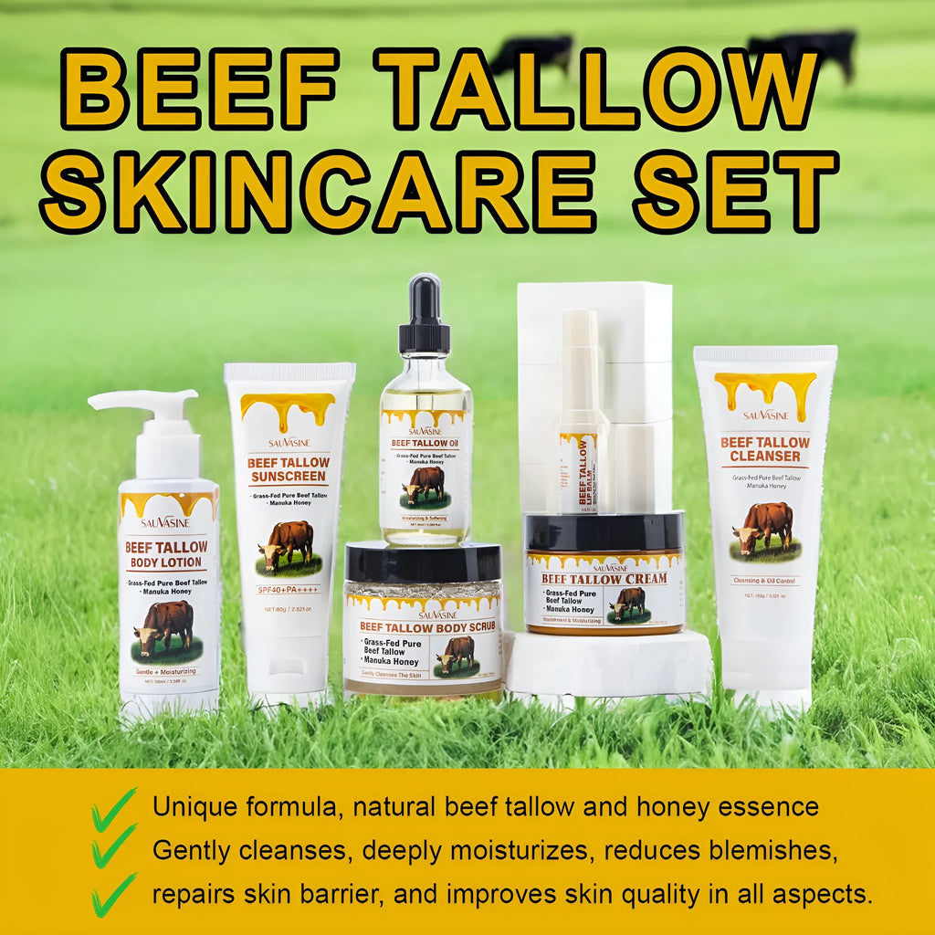 Seven-piece skincare set including facial cleanser, face cream, lipstick, protective cream, body lotion, facial scrub, and beef tallow balm.
