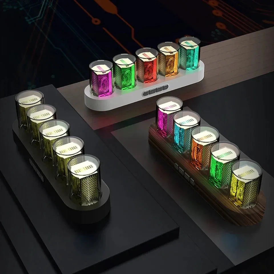 RGB LED digital tube clock showing colourful time display on a desk.