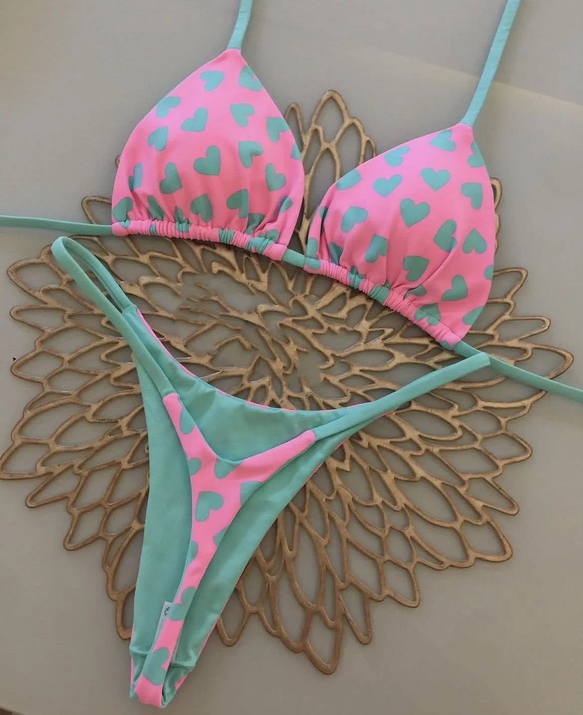 Heart printing backless split swimsuit in briefs style with bra and shorts