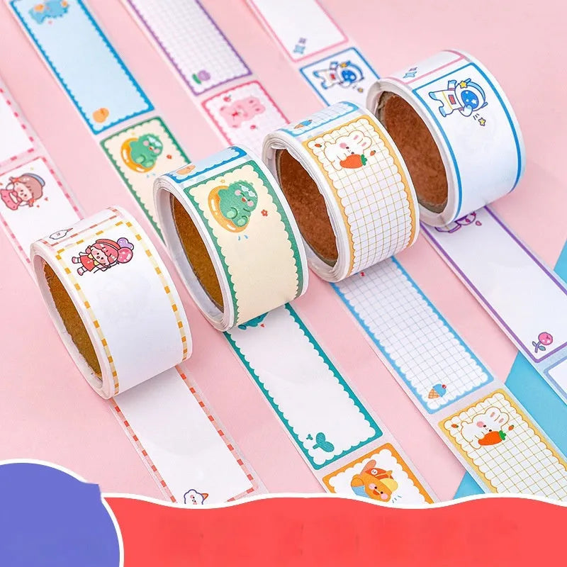 Roll of student cartoon name tape stickers with dinosaur, astronaut, rabbit, and girl designs for labelling school items
