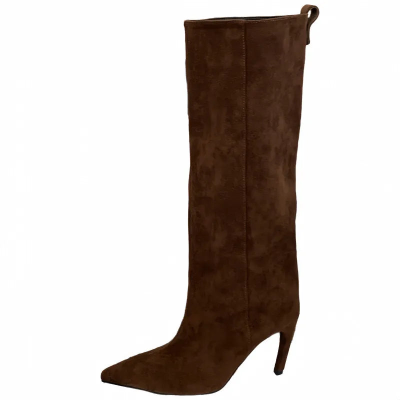 Women's satin pointed toe stiletto high boots in black, apricot or coffee, sizes 35 to 40