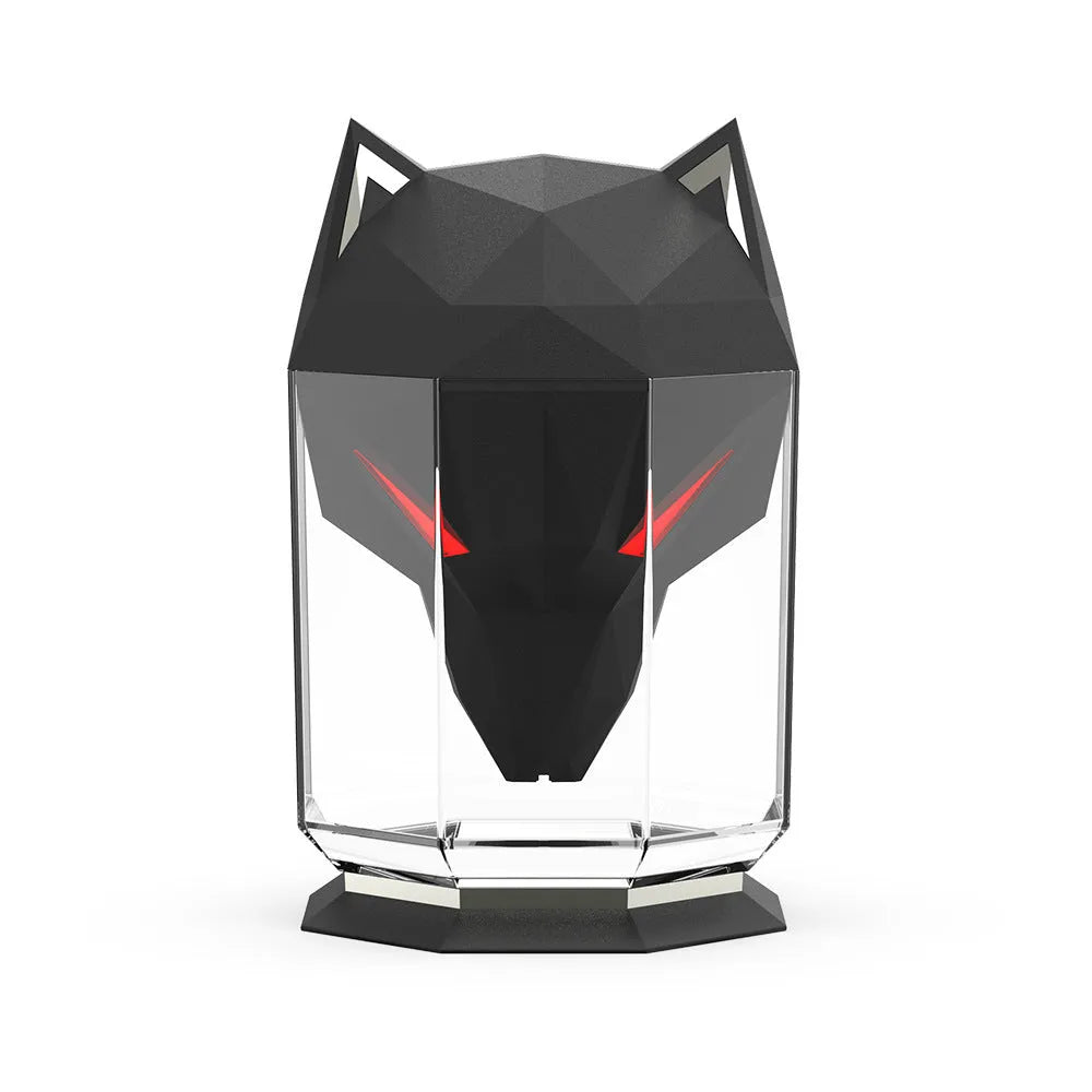 War Wolf ultrasonic air humidifier with colourful LED lights on desktop with USB cable