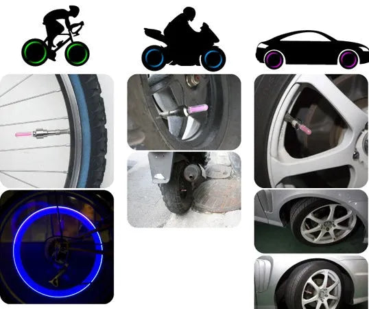 Stainless steel tyre valve light for car, bike and motorcycle in pink, blue or green with battery included