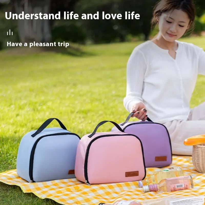 Insulated lunch box bag in sapphire blue with textured cloth exterior and secure closure