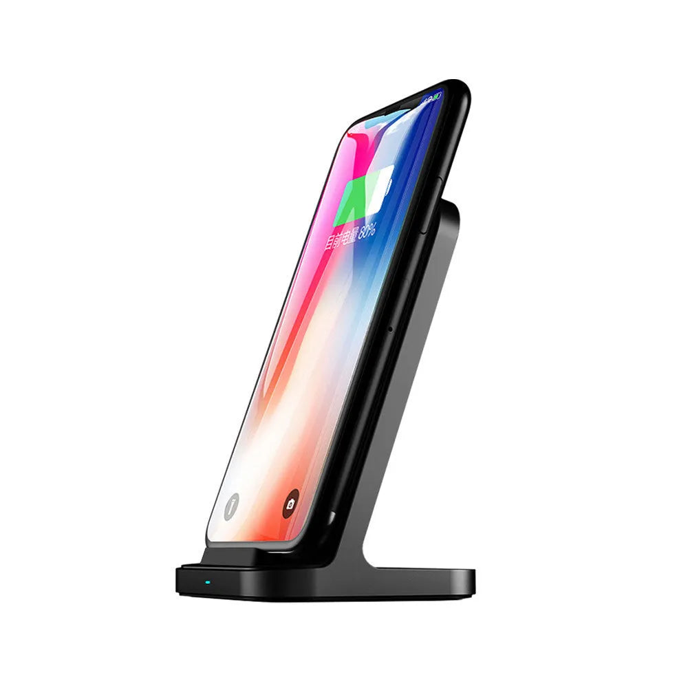 Dark grey vertical wireless charger stand for Apple iPhones measuring 70mm square
