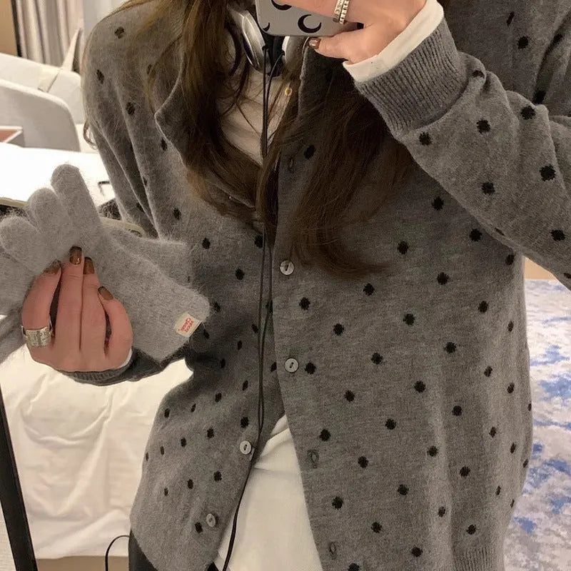 Women's gray dot knitted cardigan with crocheted flowers, 50cm length, viscose fibre, loose fit for autumn wear