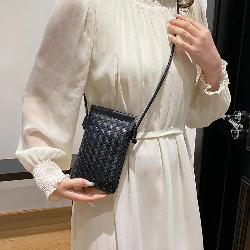 Vintage weave crossbody phone bag in vertical square shape with card slot, shown in multiple colour options