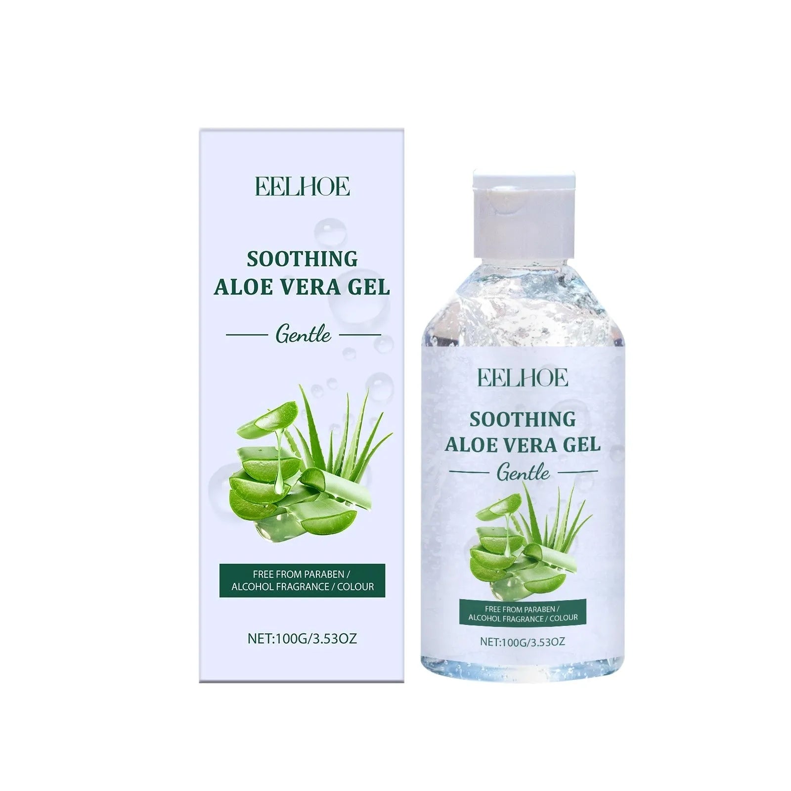 Aloe gel in 100g packaging with ingredients like aloe vera extract and sodium hyaluronate for skin hydration