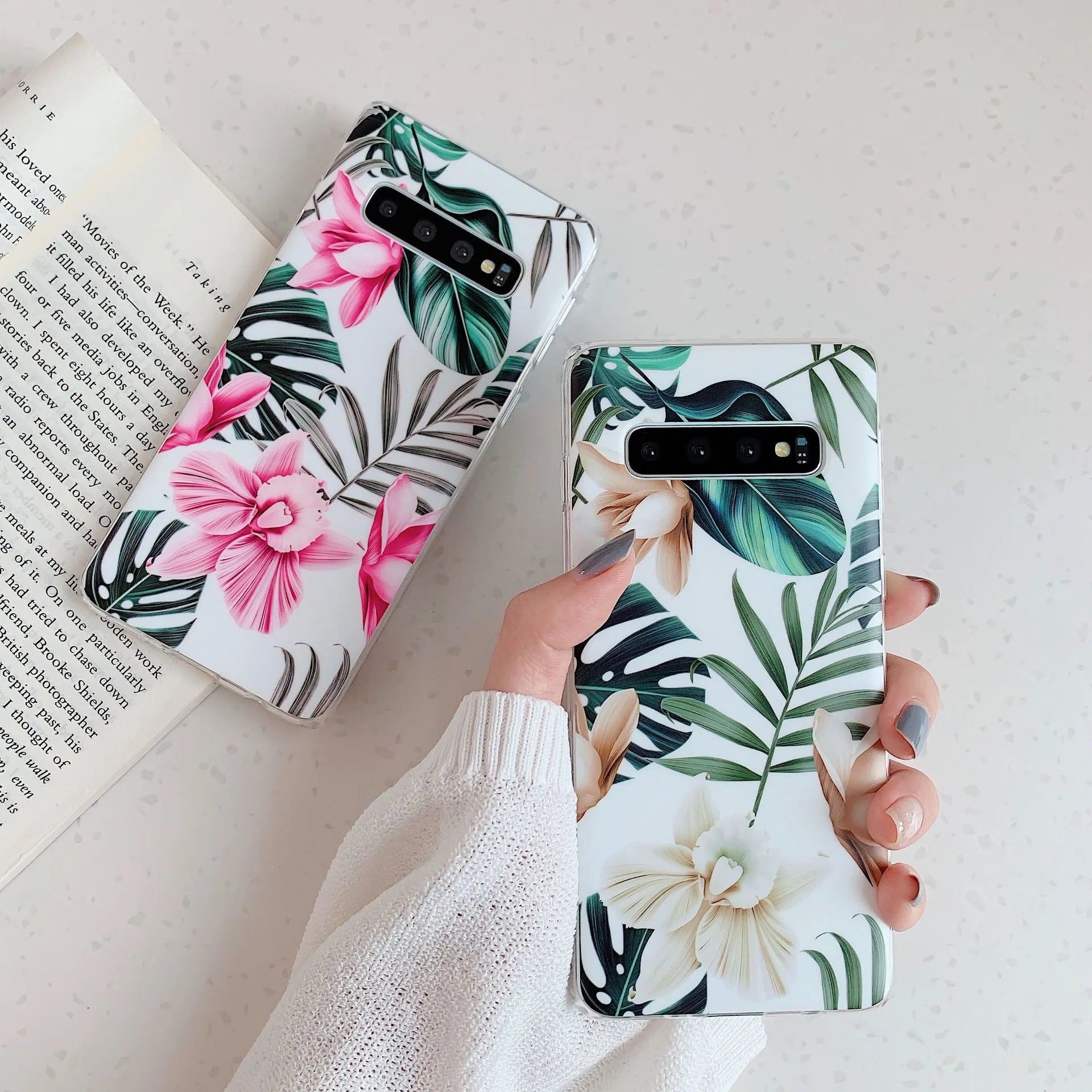 Slim green leaf floral TPU back cover case for Samsung Galaxy phone on a white background.