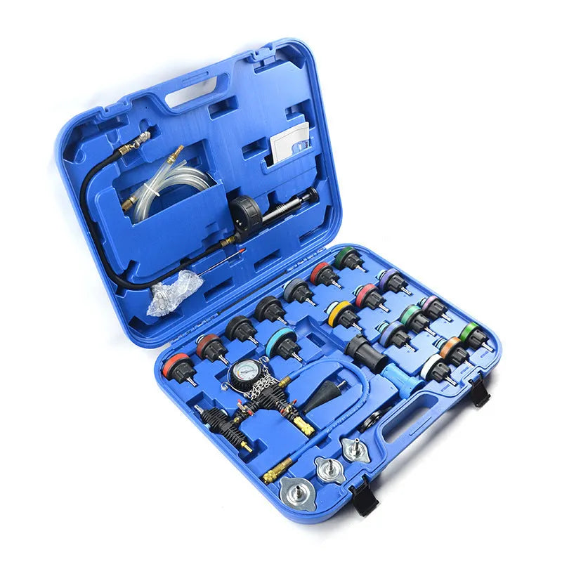 Blue 28-piece automotive radiator pressure tester kit with vacuum purge and refill components