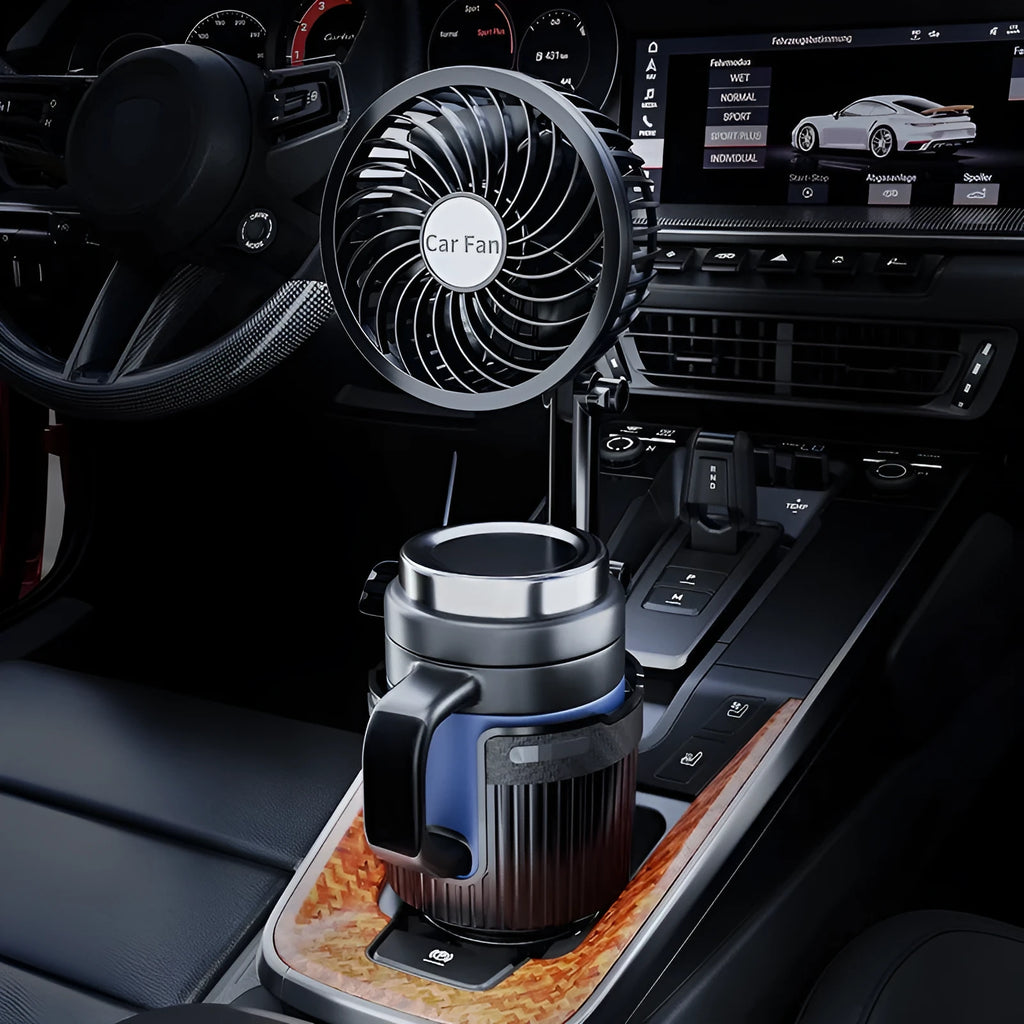 Car water cup holder fan installed in a vehicle's cup holder, showing 12V plug and fan blades.