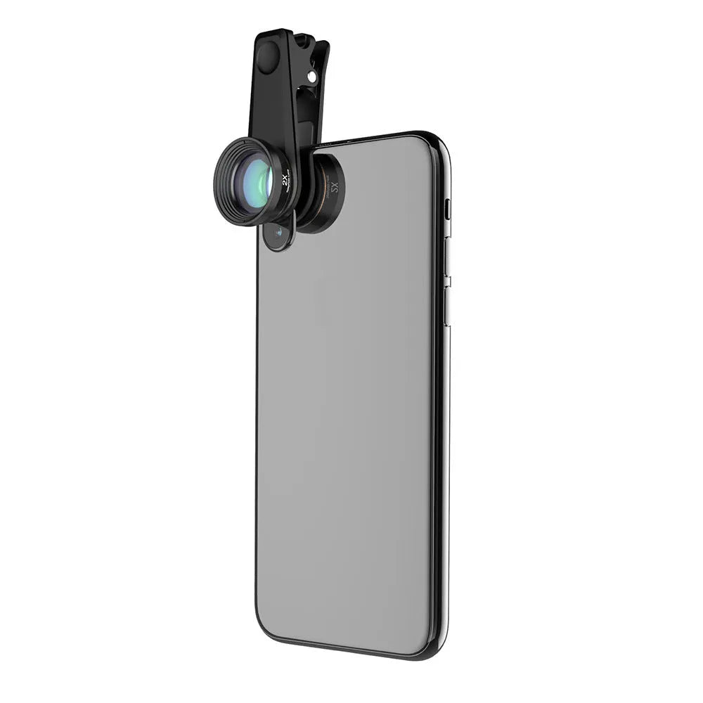 Black 6-in-1 mobile phone lens kit with fisheye, wide-angle, macro, telephoto, CPL and star filters in EVA case