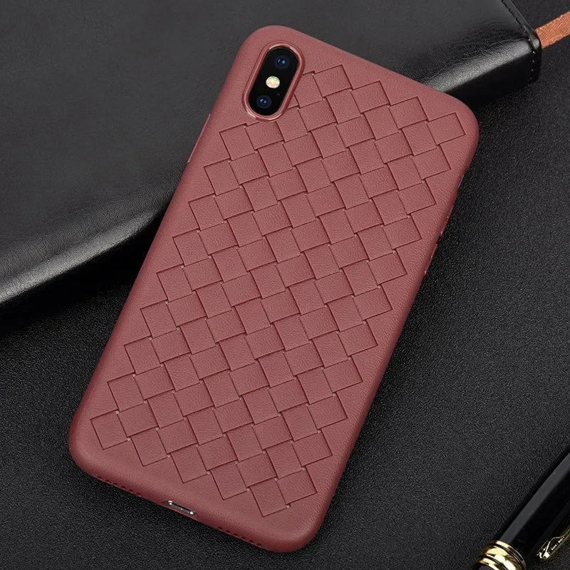 Luxury grid weaving phone case in black with hollow cooling design and raised lips for iPhone protection