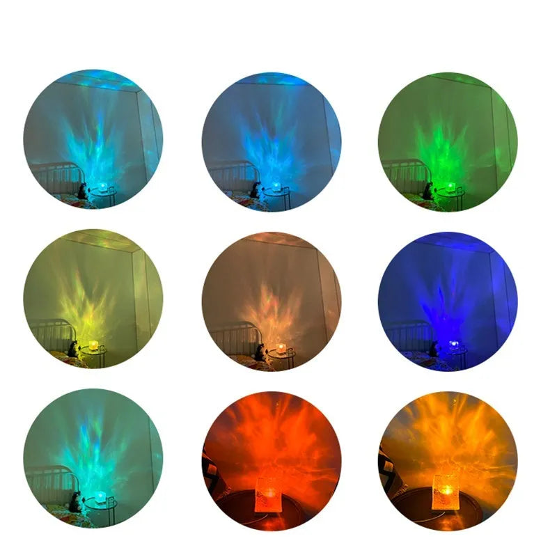 USB rechargeable LED water ripple night light with remote control on a table.