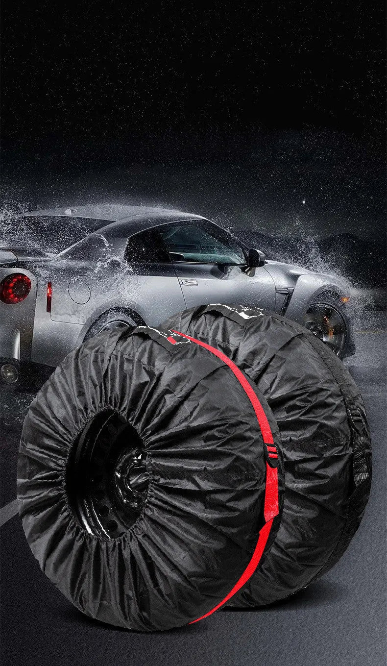 Set of four Oxford Cloth polyester car tyre protective covers in Black Belt and Red Belt styles, shown in S and L sizes.