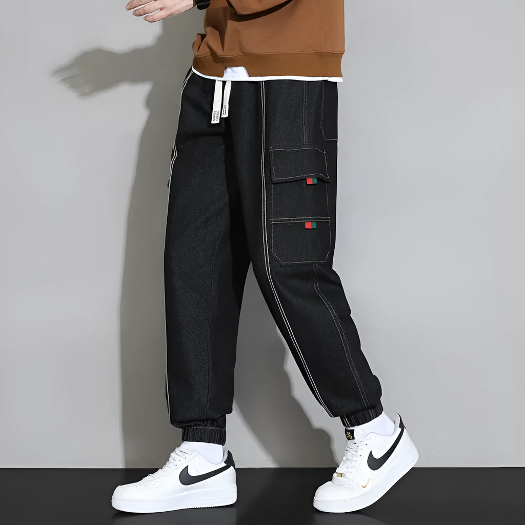 Men's retro workwear jeans in grey, black, blue, or retro colour, loose fit cotton trousers with zip fly, sizes M to 4XL.