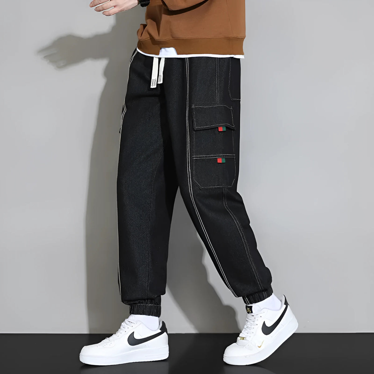 Men's retro workwear jeans in grey, black, blue, or retro colour, loose fit cotton trousers with zip fly, sizes M to 4XL.