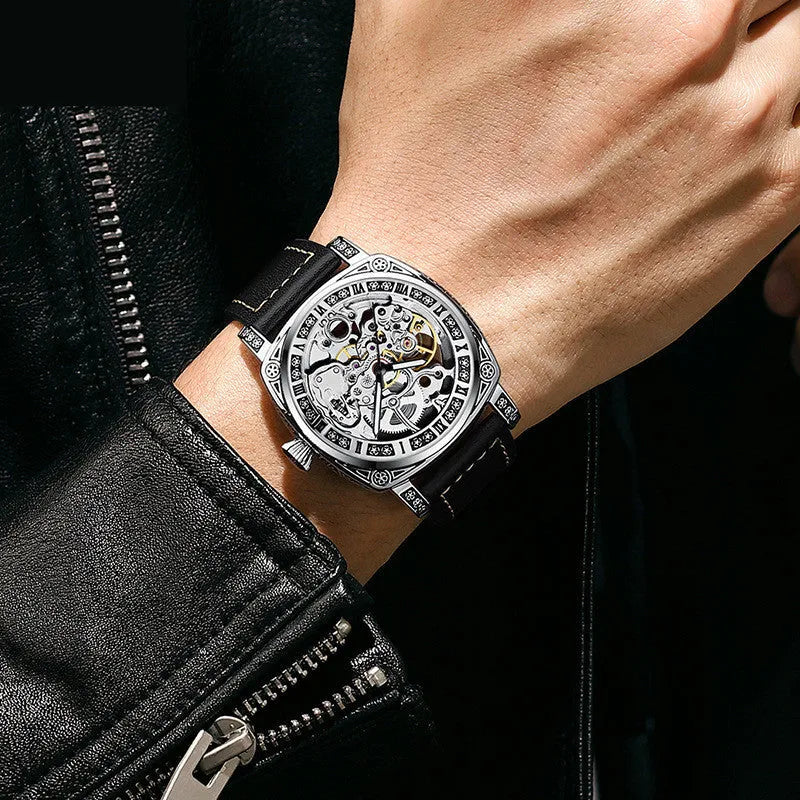 Men's mechanical business watch with 43mm dial, 14mm thick metal case, black leather strap, 30M water resistant