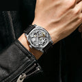 Men's mechanical business watch with 43mm dial, 14mm thick metal case, black leather strap, 30M water resistant