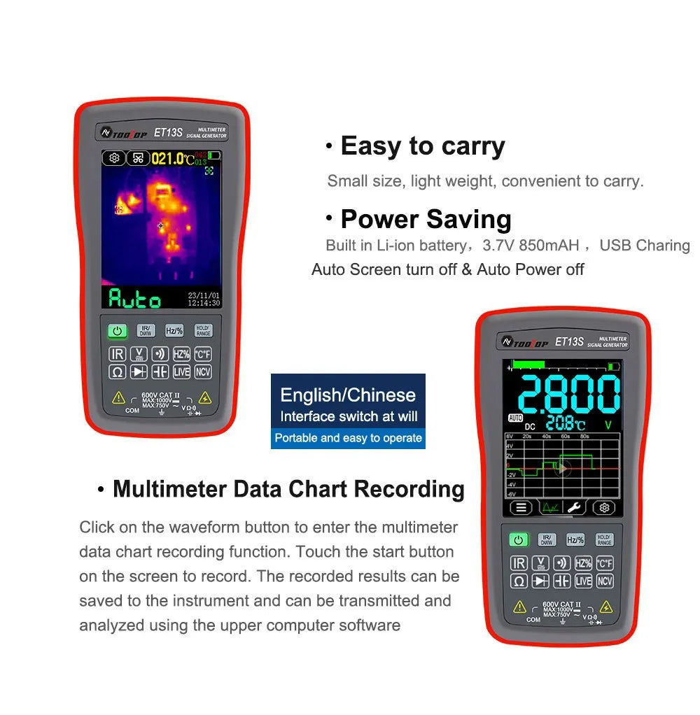 192x192 resolution thermal imaging multimeter with 2.8-inch touch screen display