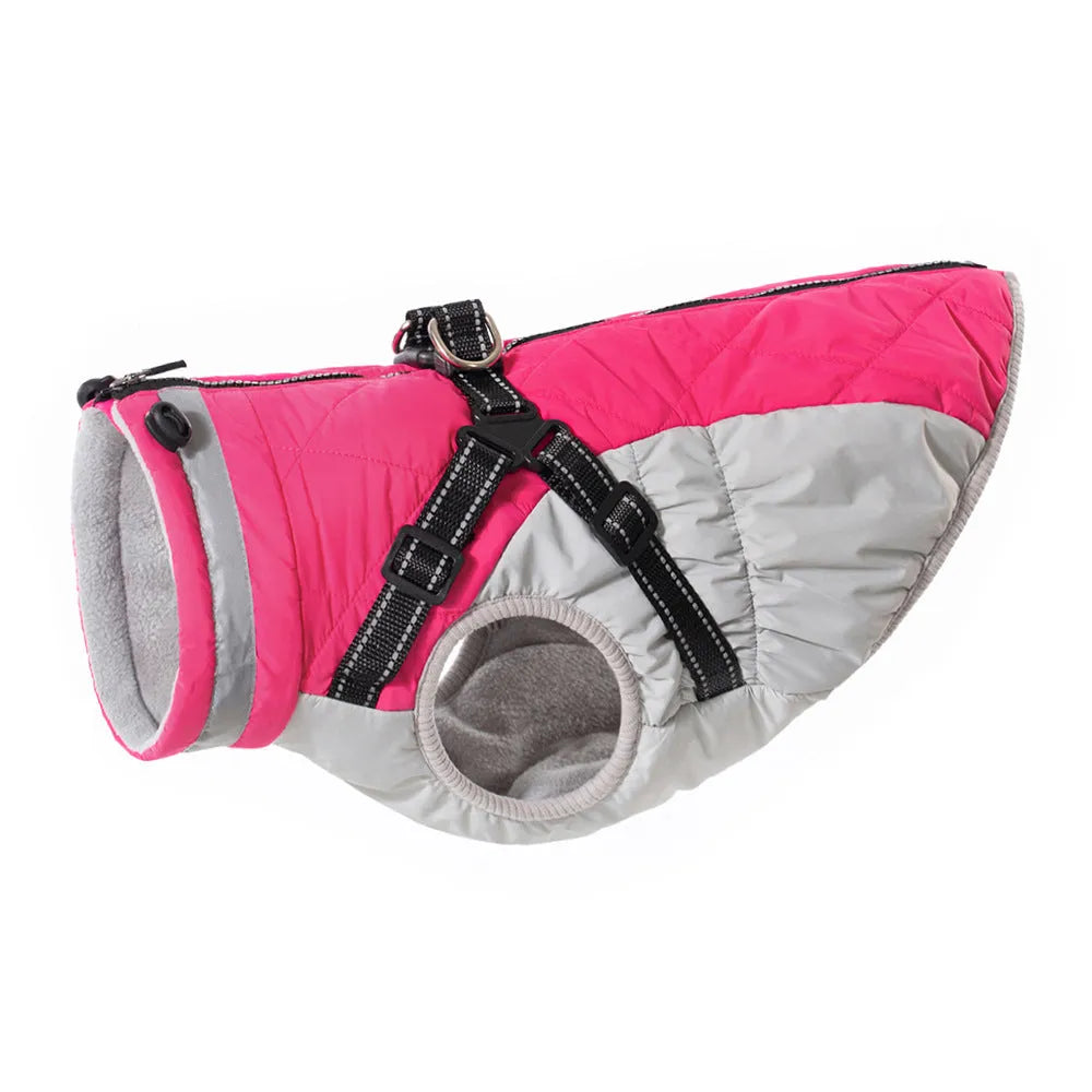 Fleece-lined waterproof zip-up dog jacket in blue, pink, purple or red, sizes S to 5XL