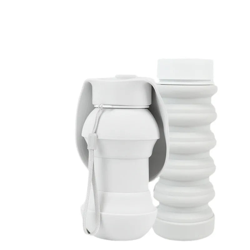 Silicone folding pet water cup shown in long and short specifications, collapsed and open.