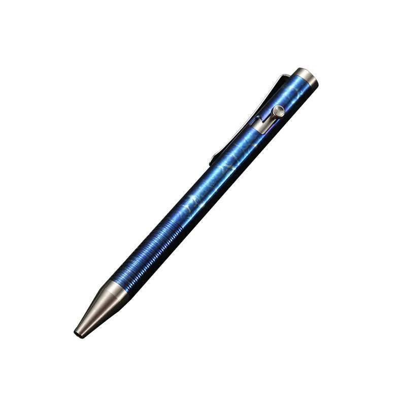 Titanium alloy bolt action pen with a colourful phantom finish and a gun-style bolt handle.