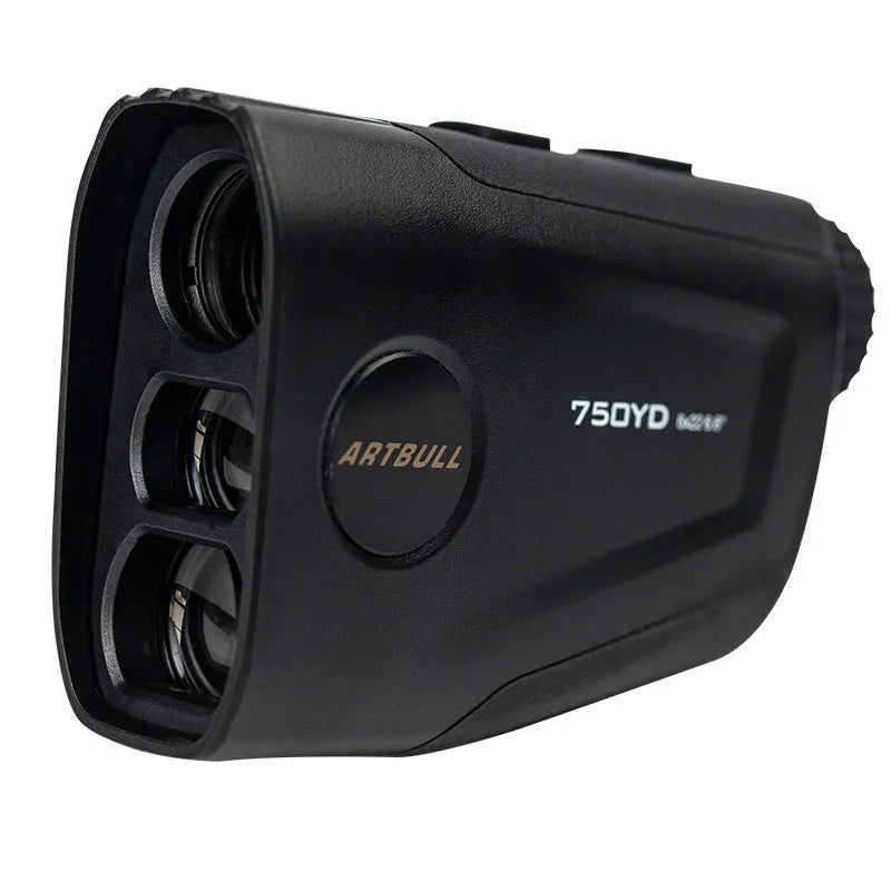 Golf laser rangefinder with LCD display showing distance measurement, flag lock function, and Type-C charging port