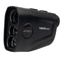 Golf laser rangefinder with LCD display showing distance measurement, flag lock function, and Type-C charging port
