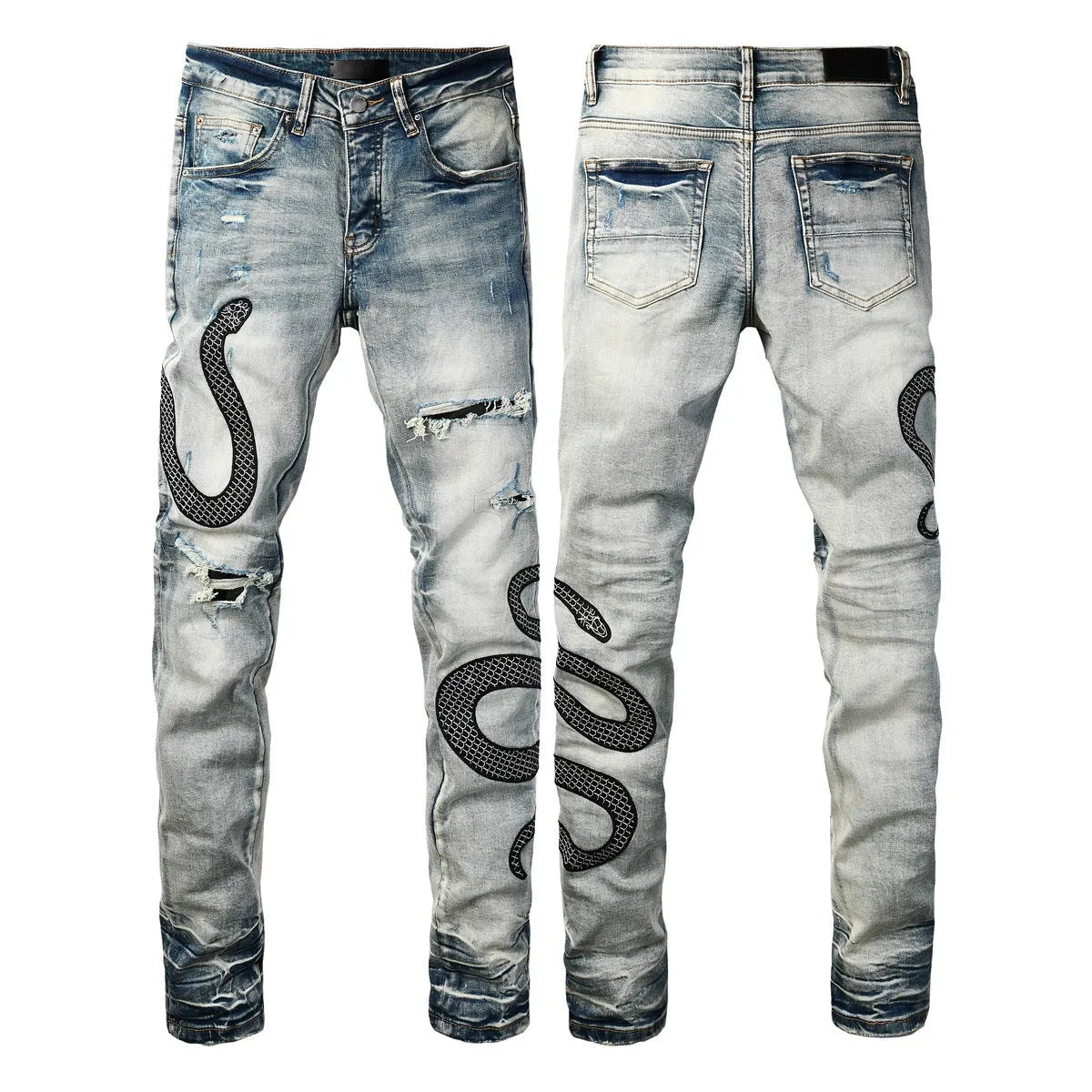 Blue distressed skinny jeans with a button fly on a mid-rise waist.
