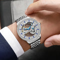 Men's luxury zircon waterproof mechanical watch with onion crown and transparent case back on wrist